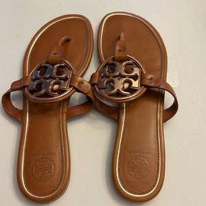 Tory Burch Miller Sandal.  Size 8.  Carmel leather, with rose gold emblem.